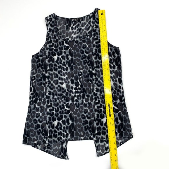 Express Snow Leopard Black Grey Tank Top Split Back XS Sheer Blouse Scoop Neck - Picture 3 of 11